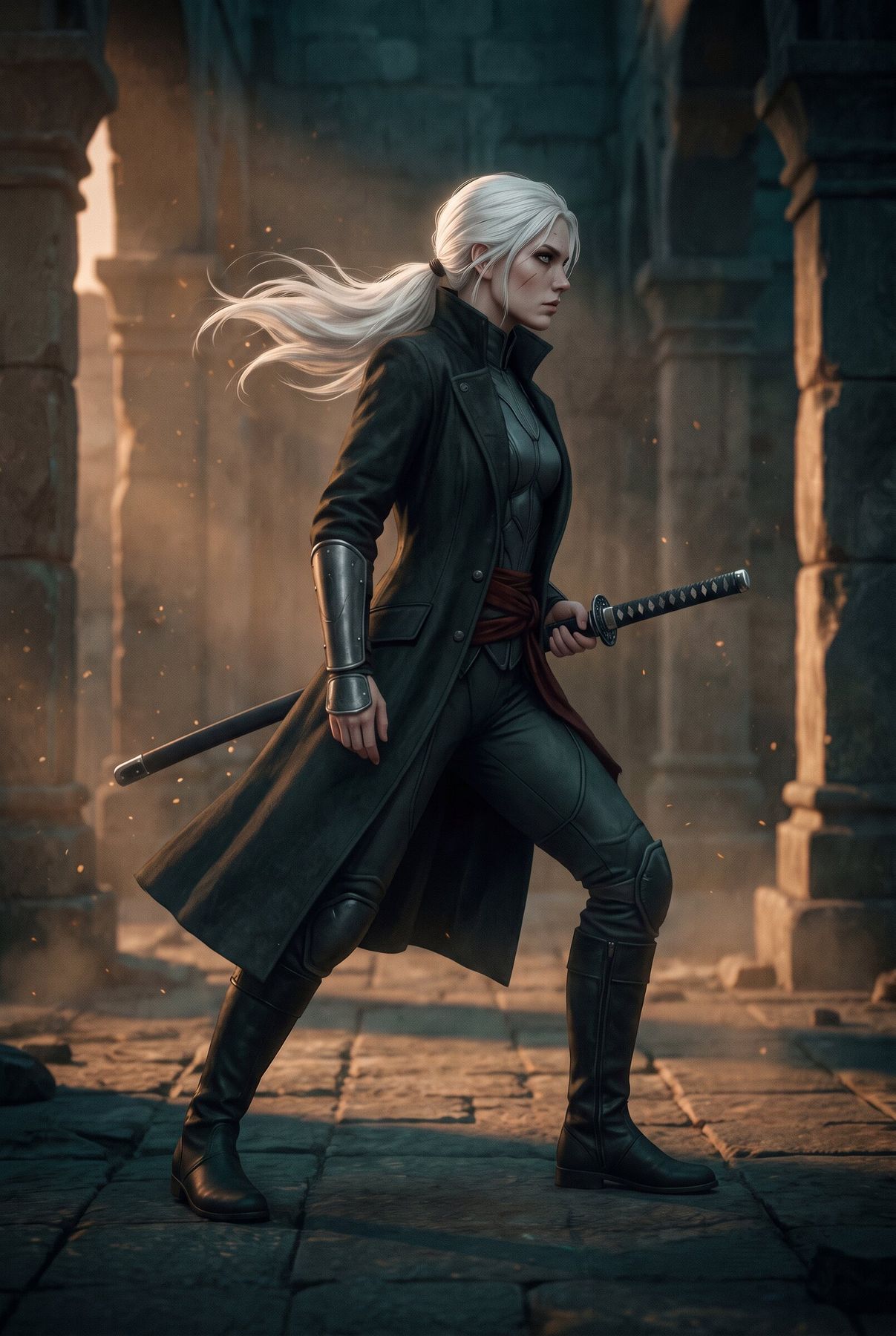 The swordswoman, full figure