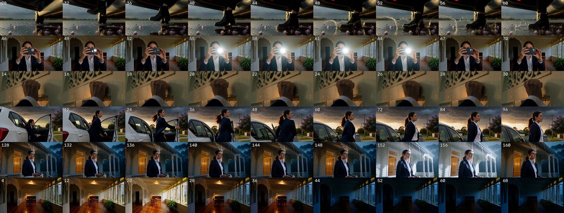 The Inspector: Six shots, one per row, frame numbers burned in
