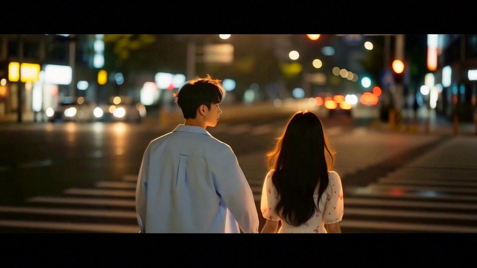 A young couple crossing a night street, neon bokeh behind them