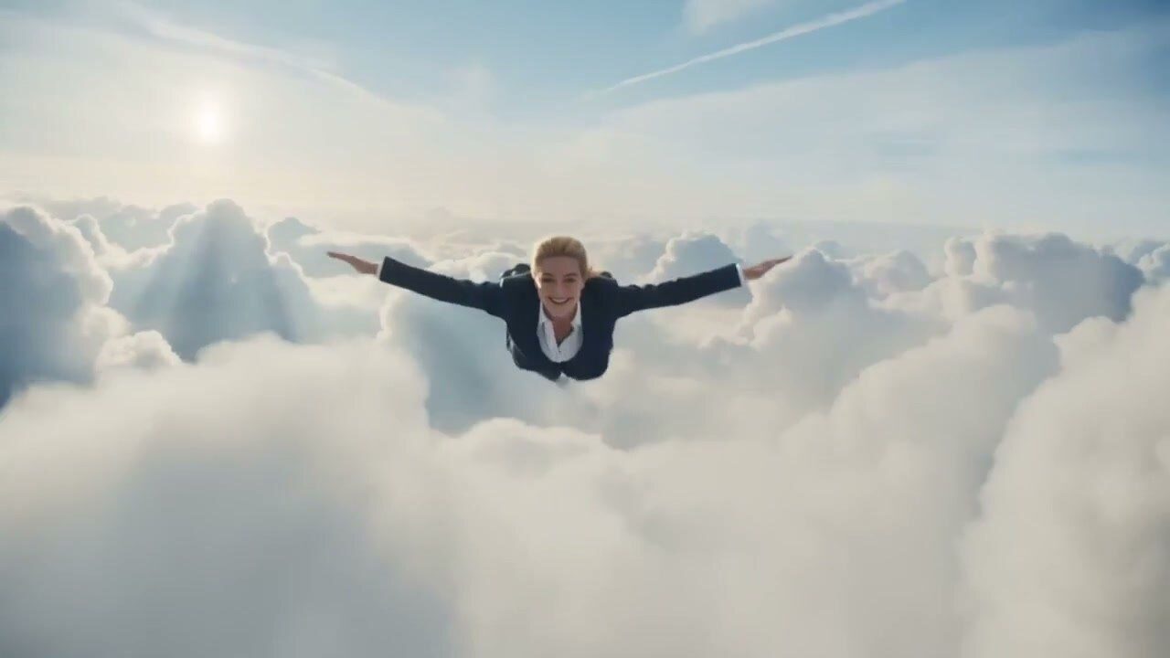 A property inspector in a suit skydiving above the clouds