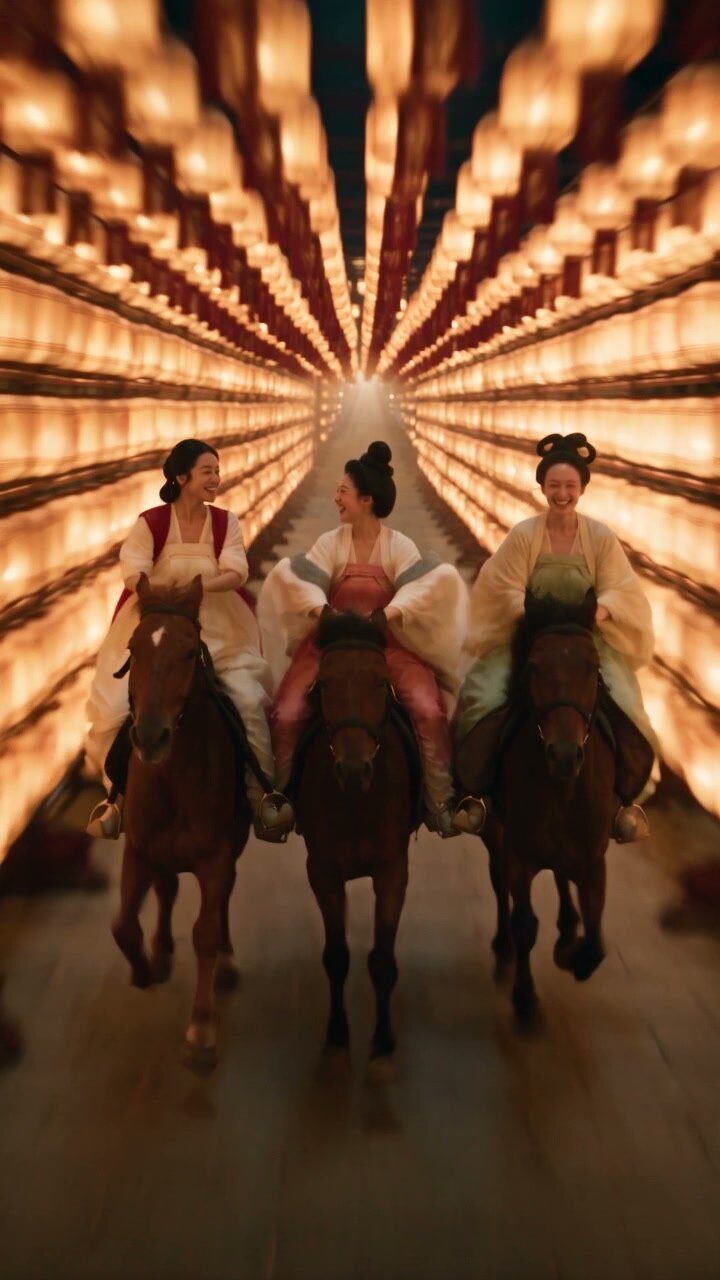 Three women on horseback riding through a tunnel of glowing lanterns