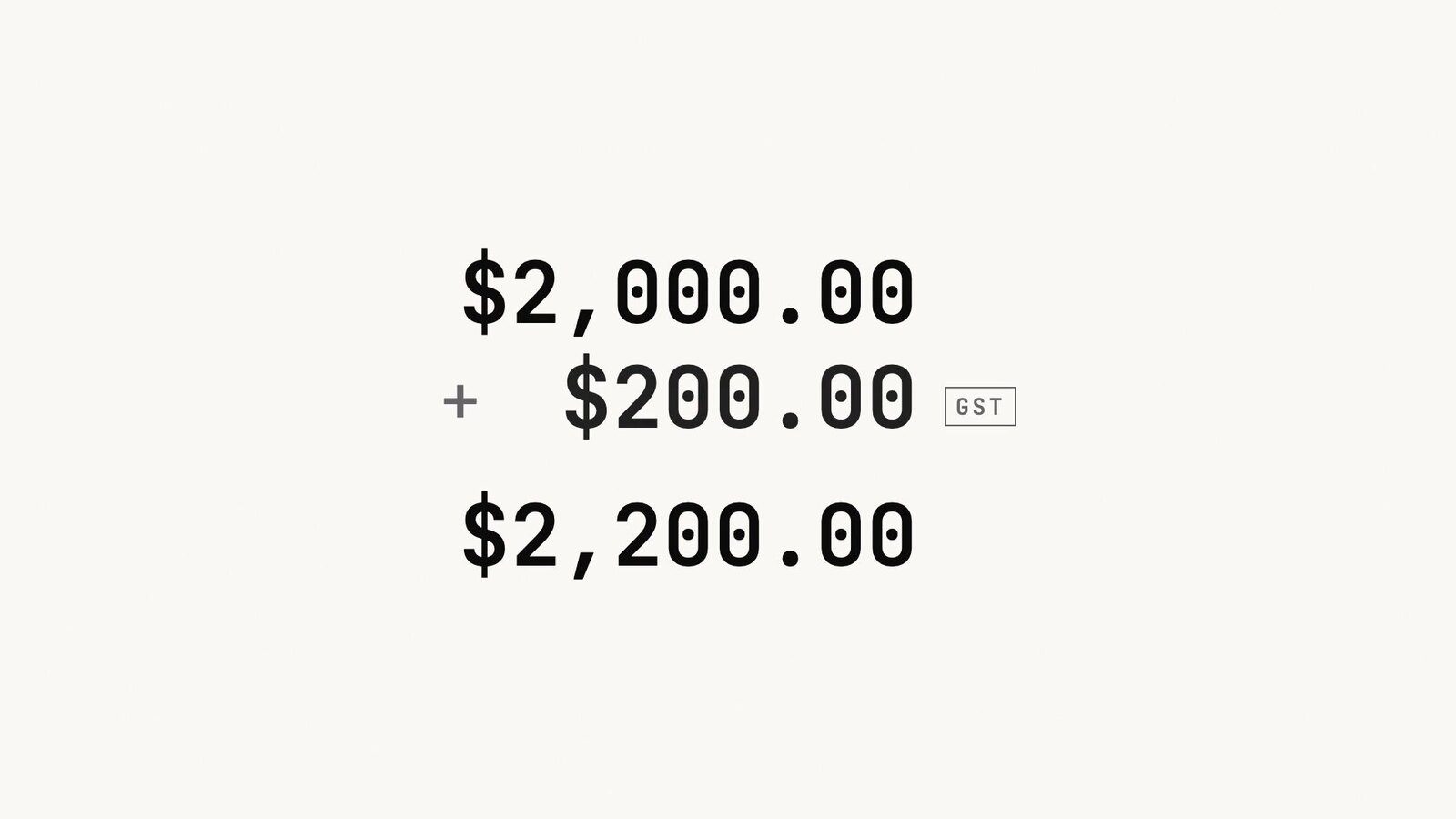 Monospaced numerals on paper white: 2,000 plus 200 GST equals 2,200