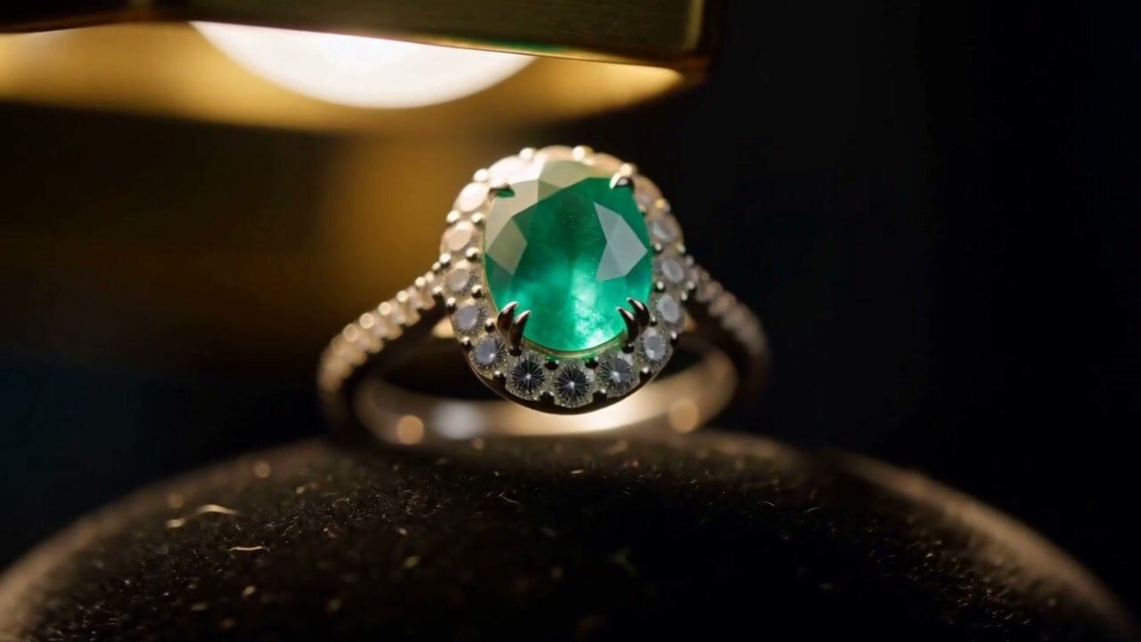 An emerald ring on a dark velvet stand under a brass lamp