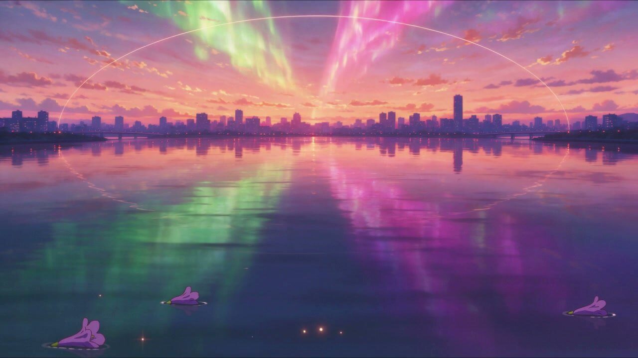 Seven Days' Notice: an aurora over the river and the city