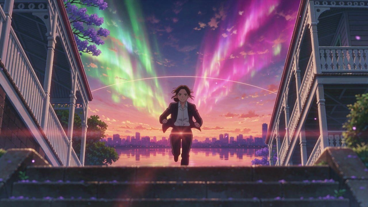 Hand-painted frame: a property manager running down verandah steps under a green and violet aurora