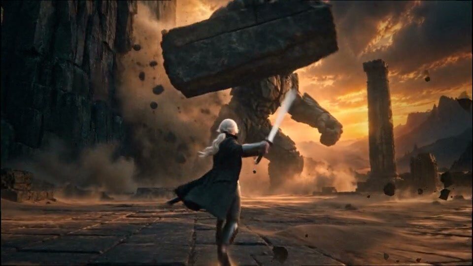 A white-haired swordswoman beneath a falling slab of stone in a ruined temple at sunset