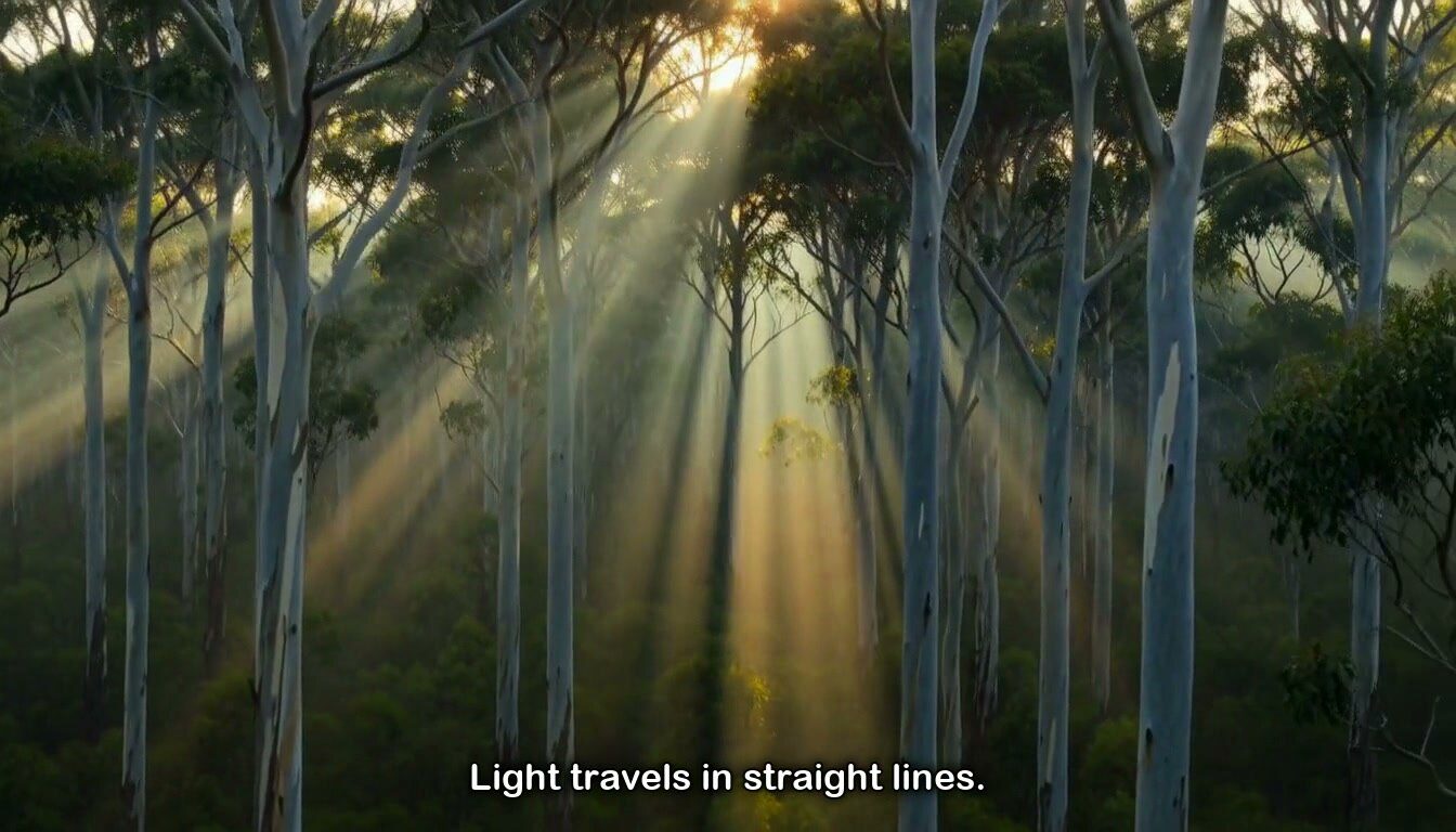 Sunlight streaming in straight rays through a stand of gum trees; caption: Light travels in straight lines